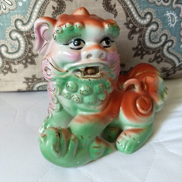 Rare Antique Female Hand-painted Orange & Green Chinese Feng Shui Foo Dog Lion - Picture 9 of 12